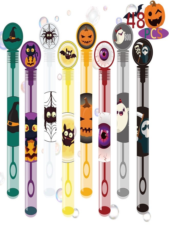 WOONOO 48 PCS Halloween Party Favors Bubble Wands, Halloween Toys for Kids 8 Colors Assortment Designs for Halloween Goodie Bag Stuffers Non Candy Treats Bubble Maker Toys - Image 1